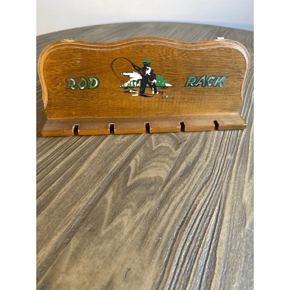 Vintage Mid Century Wooden Fishing Rod Rack Wall Mount 5-Slot Cabin Hand Painted